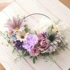 作品【母の日早割】母の日💐薄紫カーネーションのアイアンリース(約29cm)母の日　ミモザ　玄関リース　結婚祝い　出産祝い　新築祝い　誕生日