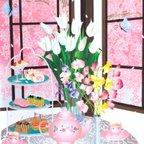 作品「春色花茶会」インテリアイラスト絵画ポスター　(＋1000円で正方形額縁付き)