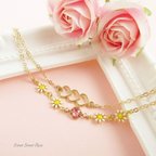 作品Heart & Flower Bracelet  ブレスレット２連 ハート 花 小花 スワロフスキー チェーン 華奢