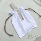 作品コンパクトになる！インド刺繍の巾着エコバッグ/ホワイト