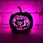 作品Halloweenかぼちゃランプ　『フクロウ』　七色に変化するLEDキャンドル付き