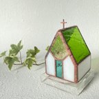 作品【Medium Church or house】Emerald green ステンドグラス　LED専用キャンドルホルダー