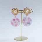 作品イヤリング ピアス 花 パール 揺れる オーロライヤリング 大ぶり 春 レジン 