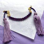 作品アメシスト羽織紐 兼用髪飾り　藤紫の正絹房飾り ユニセックス 着物男子 送料無料 オトナの和小物（金色）