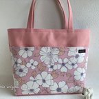 作品帆布 A4 ピンク&花柄の 肩掛けトートバッグ