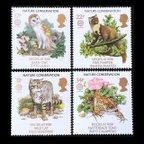 作品ふくろう、猫など イギリス 1986年 外国切手4種 未使用【猫切手 素材】
