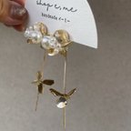 作品花と溢れるパール　蝶バネイヤリング　ear cuff イヤーカフ  ゴールドフラワー　大ぶり　ブライダル　結婚式　ロング　花びら　