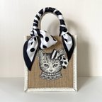 作品オリジナル 猫 縁有 手描き ジュートバッグ ねこ ネコ 鞄 size S      ドット スカーフ 付　カゴバッグ かごバッグ