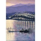 作品「琵琶湖大橋」たそがれ　比良山系　えり漁　街灯　琵琶湖　イラスト