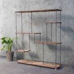 作品wood iron shelf 1040*910*225（アイアン 棚 シェルフ ウッド 鉄 木 収納棚 アンティーク オープンラック 両面棚 段違い棚 観葉植物）