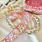 作品30cm/50cm  インド刺繍リボン 　チュール  花柄  ピンク