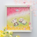 作品【複製画】「お花見パンダ」　パステルアート　動物　小鳥　桜　菜の花　花　春　かわいい　イラスト