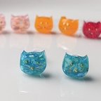 作品送料無料　【小粒なニャン子　青緑猫】金属アレルギー対応　レジンピアス