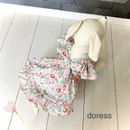 作品犬服 ガーリーなお花柄🌸エプロンドレス_ピンク&グリーン_犬ワンピース