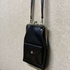 作品ミニ財布付き♪レザーがま口スマホショルダー＊ミニポシェット＊黒