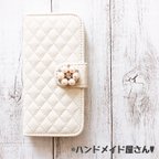 作品ビジュー付き♡キルティング 手帳型 iPhoneケース【ホワイト】