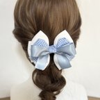 作品【送料無料 一点物】水色×ホワイト グログラン ヘアアクセサリー 大人 バレッタ ポニーフック ヘアゴム ヘアカフ リボンピン チェック