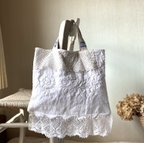 作品芸術*力強いフランスアンティーク手刺繍＆レース*トートバッグ*貴重