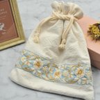 作品【インド刺繍リボン】巾着袋　アンティークブルー　大人女子　小物入れ　コスメ入れ　