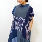 作品藍染め手織り綿手描き刺繍ワンピース、ゆったりサイズ、オールシーズン