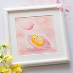 作品【原画】「花見と団子を楽しむぐうたらヒヨコ」　桜　ピンク　パステルアート　かわいい　動物　春　イラスト