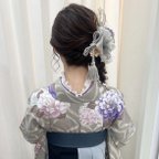 作品hanakanzashi紫ダリア ドライフラワー 水引 チュール タッセルリボン 金箔 髪飾り 成人式 卒業式 髪飾り