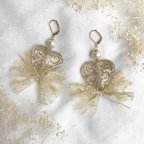 作品Tea color lace ribbon HEART  （イヤリング/ピアス/樹脂ピアス/樹脂ノンホールピアス）