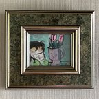 作品絵画。原画【かわいい黒猫はピンクのチューリップと青リンゴが好き】