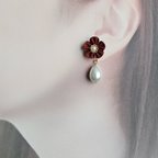 作品つまみ細工　お花と貝パール　ピアス/イヤリング/ノンホールピアス