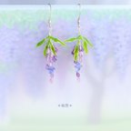 作品 藤の花 藤 ピアス（イヤリング ）春 天然石 * ○o｡..:* 宝石質 アメジスト タンザナイト シャンデリア ディップアート 和 鉱物 マニキュアフラワー 涼しげ 