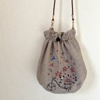 作品刺繍バッグ　三輪車とお花バスケット