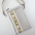 作品スマホショルダー　インド刺繍　ハーフリネン　スマホポーチ　スマホポシェット