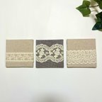 作品ファブリックパネル　3枚セット　刺繍リボンレース　アイボリー　ブラウン　10cm