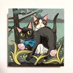 作品黒猫とハチワレ猫のイラスト 壁掛け ミニ原画