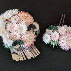 作品つまみ細工　剣菊に鶴舞う銀ビラ簪と剣菊と小菊の花簪のセット