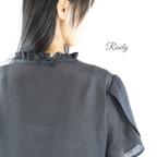 作品S～5L選べる7サイズ　マキシワンピース　麻　フリル衿　チューリップ袖　黒　送料無料