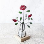 作品新作ステンドグラス一輪挿し赤い薔薇　花瓶、花、花台3点セット
