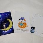 作品絵はがき 夜空 アジサイと猫 三枚セット ポストカード