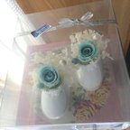 作品送料無料 光る本物の花 ベビーシューズ プリザーブドフラワーアレンジメント 出産祝い