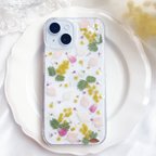 作品全機種対応スマホケース　ミモザとピンクの花びら