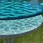 作品現品販売　在庫有り　エメラルドブルーの海　波紋大　ガラスガラスサイドテーブル丸  珊瑚礁　table  Sea