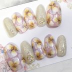 作品ブライダルにも👰オーダーネイルチップ🌸グレイッシュフルール🌸大人可愛い☆フラワー💅華やかネイル✨大人女子☆ネイルチップ専用両面テープ＆ヤスリ付き！ピンク✨