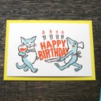 作品活版印刷カード　猫とカエルがハッピーバースデー