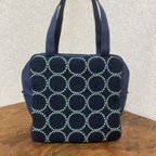 作品SALE✳︎ミナペルホネン ✳︎四角いバッグ　タンバリン　ネイビー×ライトグリーン