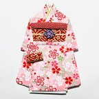 作品着物のポチ袋2084 QUOカードサイズ ピンク地　桜　流水