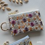 作品【受注製作🪡】 new✨インド刺繍リボンポーチ flower garden purple🌿カードケース💳 フェイクレザー カラビナポーチ　贈り物♡ご自分へのご褒美に♡ 新生活　