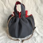 作品国産帆布の巾着バックdark gray×red