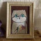 作品絵画。原画手描【花を持って楽しい猫ちゃん】