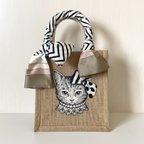 作品オリジナル 猫 手描き ジュートバッグ ねこ ネコ バッグ 鞄 size S ストライプスカーフ付　カゴバッグ　かごバッグ