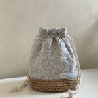 作品ナチュラル*カゴバッグ＊京都刺繍生地＊リネン糸＊大人かわいい　3ウェイ　ペールブルー